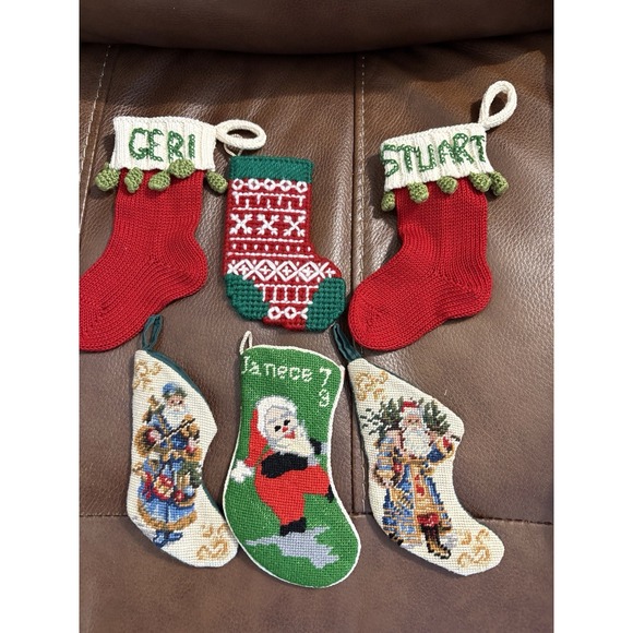 Handmade Other - (6) Vintage Needlepoint Christmas Mini‎ Stocking Santa Ornament 5.5"-7" appx